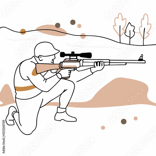 Biathlete man in focused mood aiming with rifle against a minimalistic nature background 