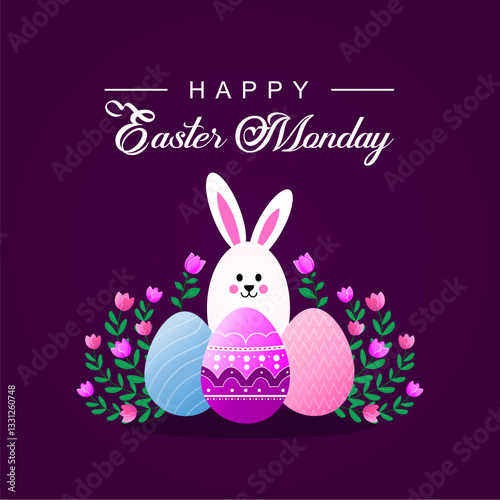 Happy easter Monday, and card, banner, poster social media greeting template design with egg, cartoon rabbit, and beautiful flowers. Vector illustration