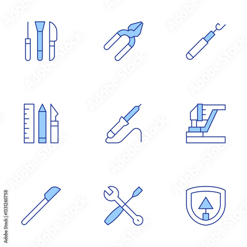 Tools icons set. Line Duotone style, editable stroke. maintenance, pliers, triangular shovel, tool, design tools, scalpel, welder, sander, pottery
