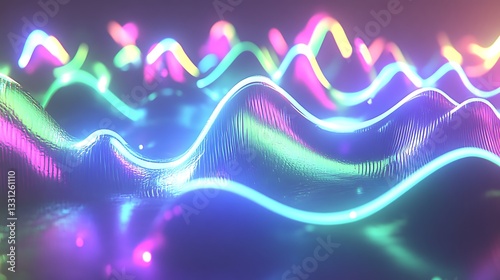 Glowing neon light waves displaying colorful abstract digital data