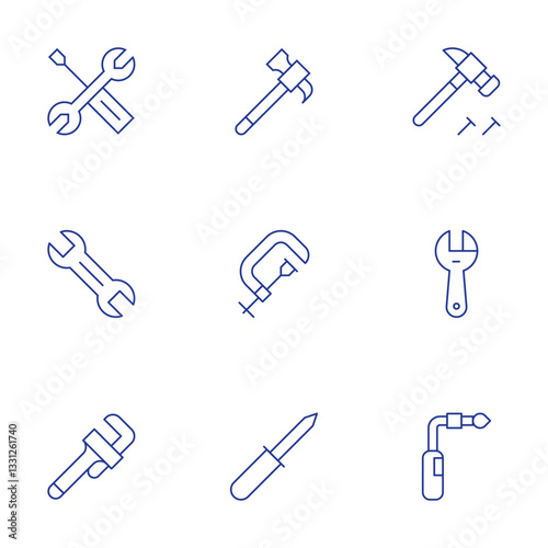 Tools icons set. Thin Line style, editable stroke. hammer, clamp, awl, wrench, construction and tools, tools