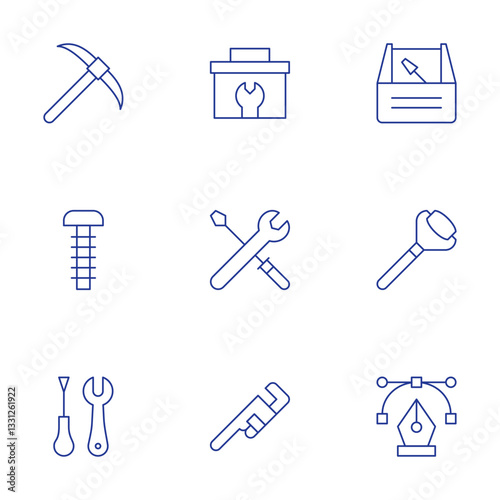 Tools icons set. Thin Line style, editable stroke. pick, screw, tools, tool box, pipe wrench, toolbox, face roller, pen tool