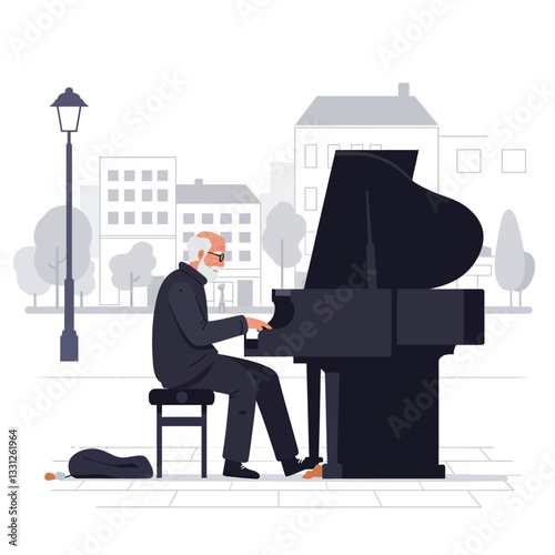 Elderly man playing grand piano in minimal flat vector art style