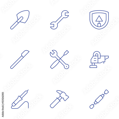 Tools icons set. Thin Line style, editable stroke. spanner, maintenance, hammer, triangular shovel, polisher, tool, shovel, scalpel, welder