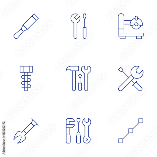 Tools icons set. Thin Line style, editable stroke. spatula, hammer, tool, tools, construction tools, saw machine, easy installation, line