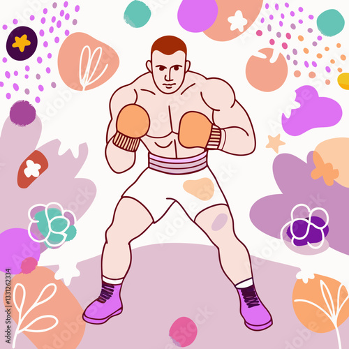 Boxer man in confident mood preparing to fight with colorful abstract background