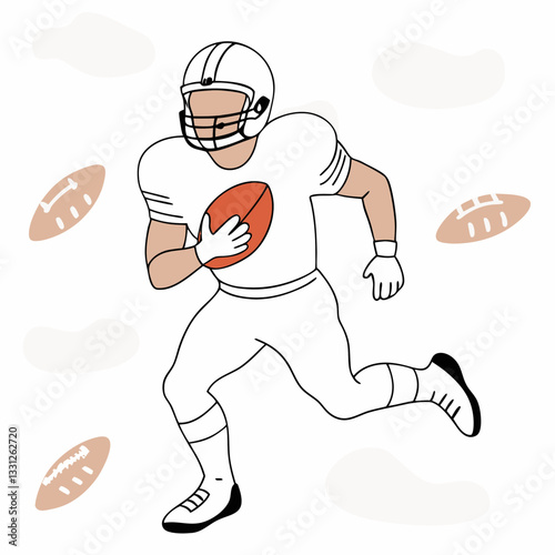American football player man in determined mood running with the ball against a simple background