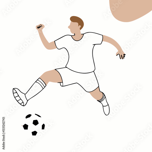Football player man in dynamic mood kicking a ball with minimalistic background