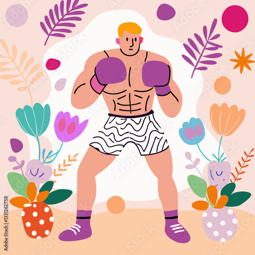 Boxer man in confident mood preparing to fight with vibrant floral background