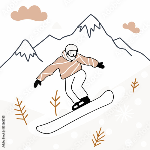 Snowboarder man in exhilarating mood carving down slopes with snowy mountain background