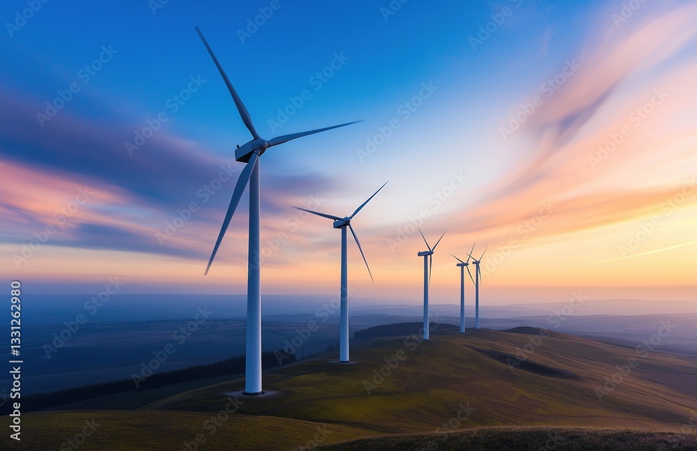 Obraz premium Wind Turbines on Rolling Hills at Sunset with Blue and Orange Sky. Clean Technology and Sustainable Energy