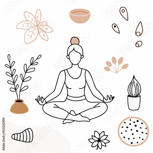 Yoga woman in serene mood meditating in lotus position with calming background