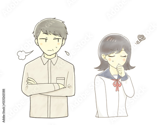 不機嫌そうな女子学生と不安そうなミドル男性