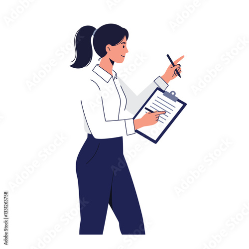 Professional woman holding clipboard and pointing detailed flat vector art