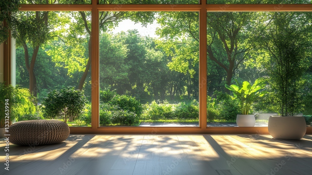 Sunlit room with large windows showing lush green forest. Perfect for illustrating tranquility, nature, or home design concepts. Sunlit room with large windows showing lush green forest. Perfect for illustrating tranquility, nature, or home design concepts.