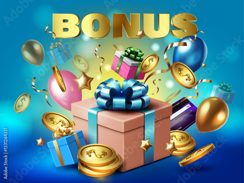 bonus,big promotion and special business offer concept sale banner vector illustration. gift boxes, gold coins and celebration balloons flying glittering blue background.