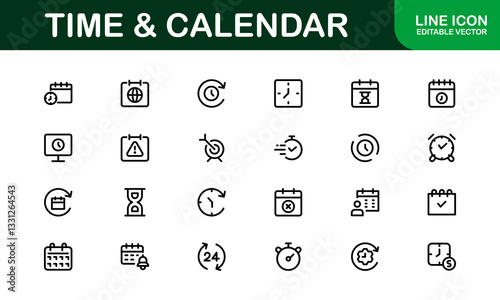 Time and Calendar Icons. Comprehensive Set for Scheduling, Planning, and Time Management Projects