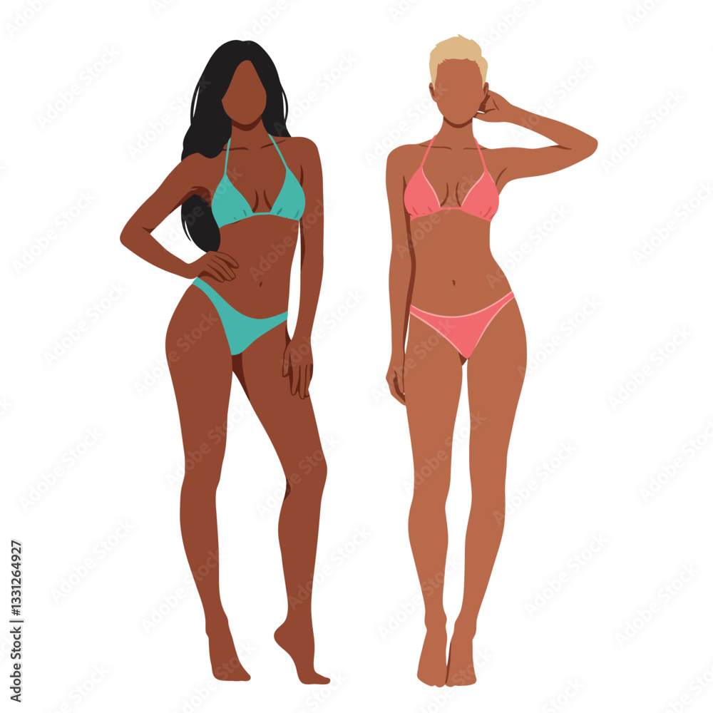 Two women in swimsuits showcasing diverse styles in minimal vector illustration Two women in swimsuits showcasing diverse styles in minimal vector illustration