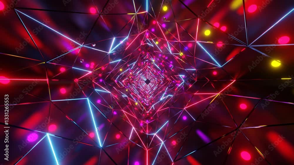 3D illustration of an infinite square-shape tunnel with mirrored walls and colorful neon lights
