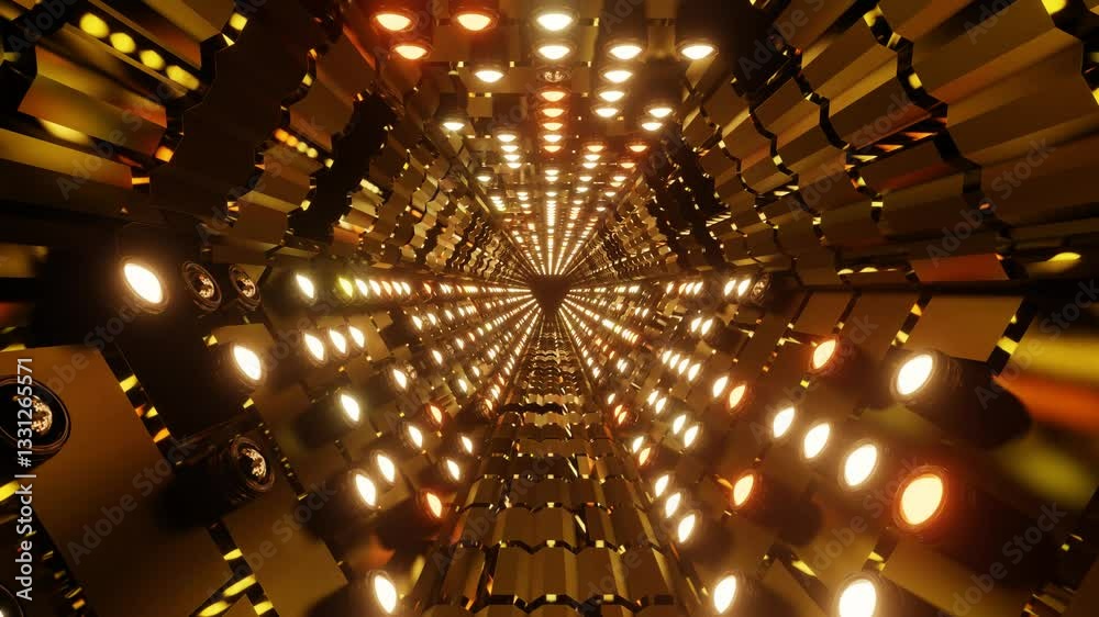 3D illustration of a hexagonal-shape golden tunnel with mirrored walls and sparkling lights