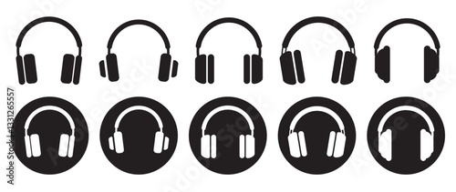 Black headphones icon collection. Graphic web label of earphone. Sound symbol. Device for listening to music. Button or sign for online shop, sites and mobile app interfaces. Customer service, support