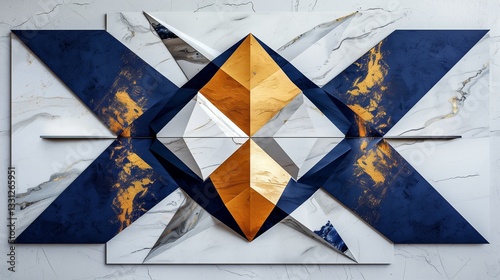 A modern geometric wall art piece with gold and navy blue accents, placed on a seamless white surface.