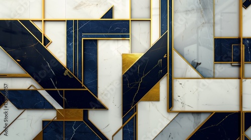 A modern geometric wall art piece with gold and navy blue accents, placed on a seamless white surface.