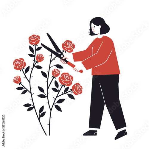 Woman Pruning Roses in Flat and Minimal Vector Illustration