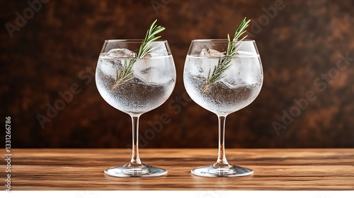 Two gin and tonics garnished with rosemary sprigs on a wooden table.