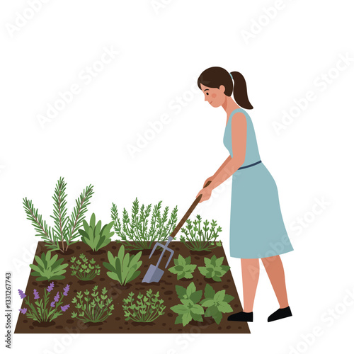 Woman tending to a garden with various plants in flat vector art