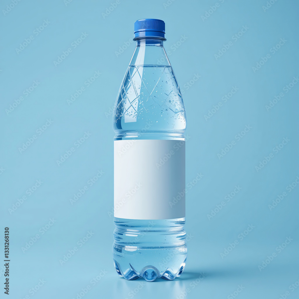 Bottled water with blank label mockup on a solid blue background Bottled water with blank label mockup on a solid blue background