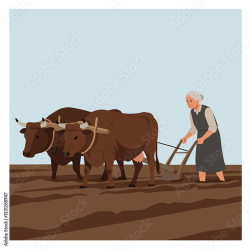 Farmer using oxen to plow field in flat minimal vector art