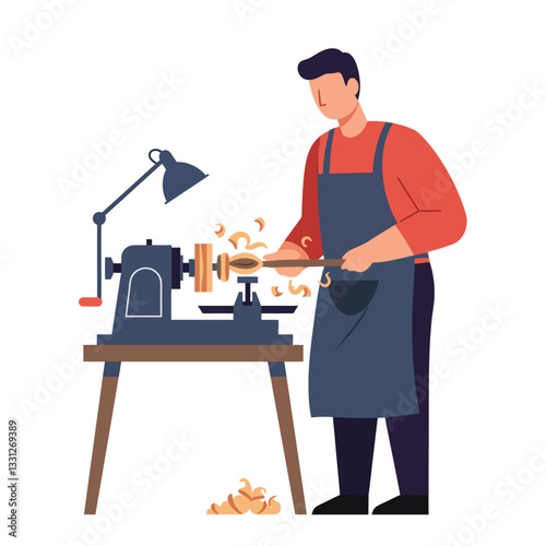 Woodworker using lathe in minimal style vector art