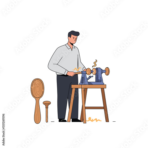 Woodworker using lathe to create spoon and bowl in flat vector art
