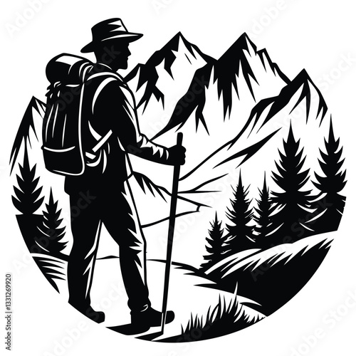 A man climbing mountain and hiking flat silhouette design