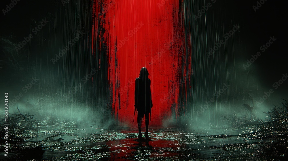 Fototapeta premium Silhouette in Crimson Rain: A Digital Painting of Solitude and Mystery