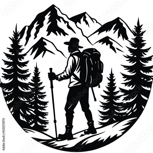 A man climbing mountain and hiking flat silhouette design