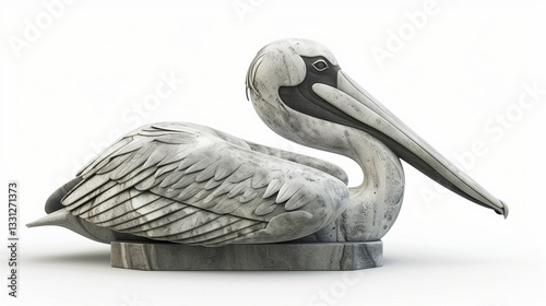 A pelican statue with a large, sculpted beak and calm posture, isolated on a clean white background.
