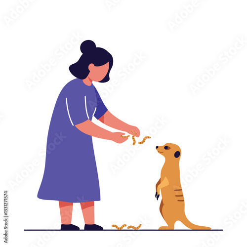 Woman feeding a meerkat in a flat vector illustration style of animal interaction