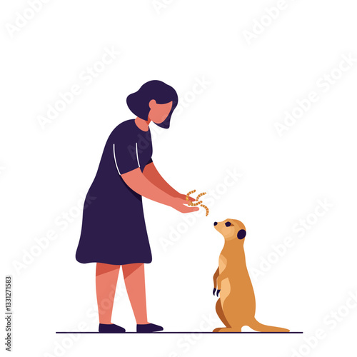 Person feeding a meerkat in flat vector illustration style showcasing animal interaction and warmth vector art