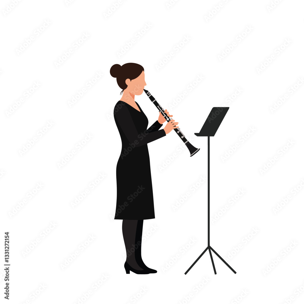 Naklejka premium Female musician playing clarinet in minimal flat design vector art