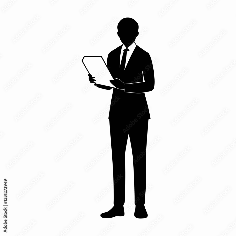 Silhouette of a businessman holding a clipboard in an office setting Silhouette of a businessman holding a clipboard in an office setting