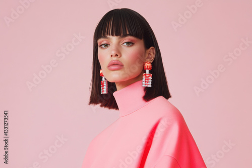 Fashion model posing with stylish earrings and pink outfit