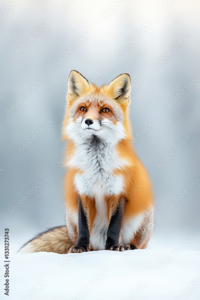 Fototapeta premium Majestic Red Fox Sitting in Snowy Landscape at Sunrise