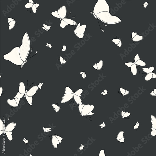 Artistic allover print with hand drawn butterflies. Cute animalistic vector seamless pattern. Nature inspired surface pattern design.