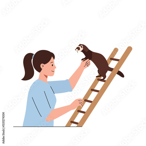 Woman interacting with ferret on ladder in minimal flat vector illustration