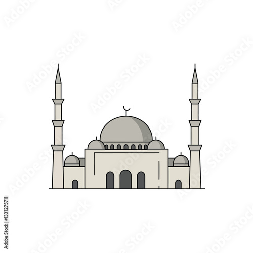 Mosque architecture featuring domes and minarets in flat minimal vector art