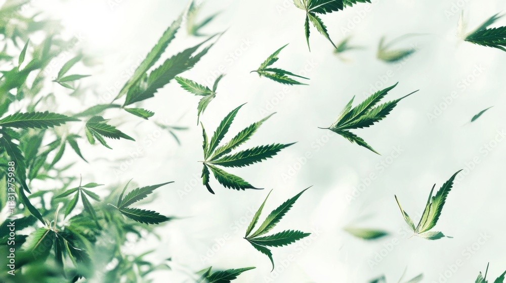 Obraz premium Multiple cannabis leaves scattered in a dynamic composition,