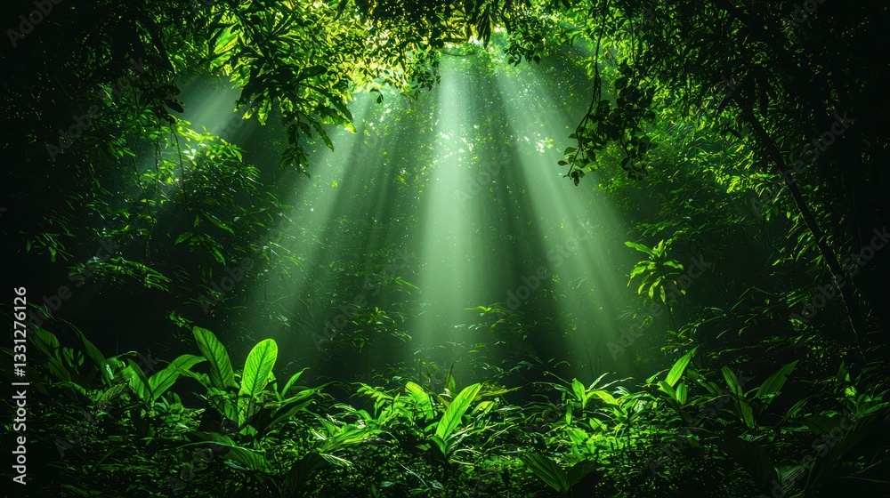 Obraz premium Sunbeams Piercing Through Lush Rainforest Canopy