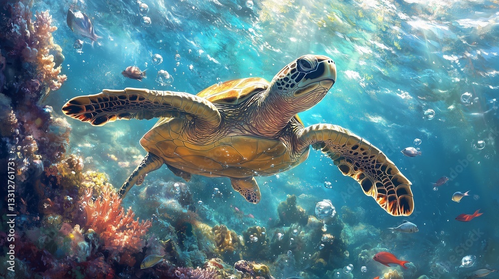 Obraz premium Sea Turtle Gracefully Swimming in Vibrant Coral Reef Ecosystem